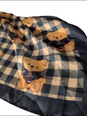 Rachel Zoe Blue and Cream Gingham Scarf with Teddy Motif 35 x 35 Wrap Hair Purse